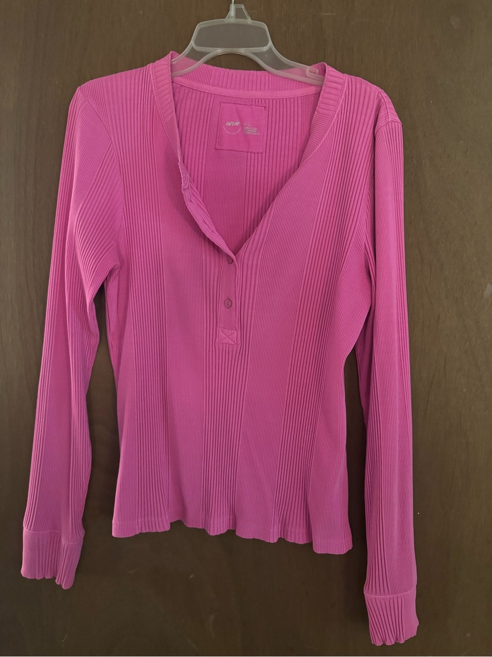 aerie Ribbed Henley Long Sleeve Top in Bright Pink